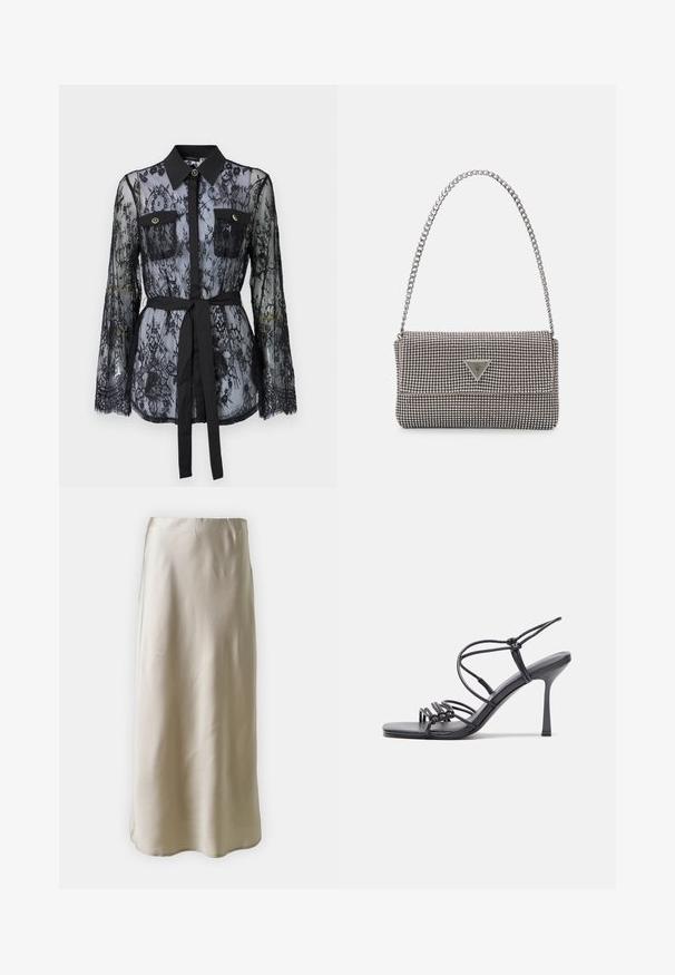 Blusa nera in pizzo con maniche lunghe, tasche sul petto con bottoni, colletto classico e una cintura in tessuto legata in vita. Design trasparente.; Gonna maxi in raso beige chiaro, con una texture liscia, linee pulite e una silhouette semplice con un orlo leggermente svasato.; Sandali neri con tacco alto presentano sottili cinturini con design annodato, una punta quadrata liscia e un elegante tacco a spillo.; Borsa a mano metallica grigia chiara con tracolla a catena, impreziosita da piccoli chiodi metallici circolari e da un logo triangolare del marchio.; Orecchini a cerchio in argento con una finitura liscia e lucente. Forma arrotondata, design leggero, con chiusura a perno.