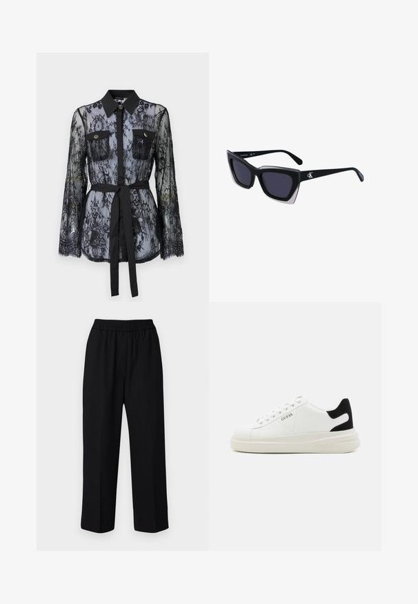 Mustapitsi pusero, jossa on pitkät hihat, napilliset rintataskut, klassinen kaulus ja kangasvyö sidottuna vyötärölle. Läpinäkyvä muotoilu.; DAY Birger et Mikkelsen JONAH CLASSIC - Housut - black; Valkoiset nahkakengät paksulla valkoisella pohjalla, mustalla mokkanahkaosuudella kannassa ja kohokuvioitu logo sivulla. Nauhakeskitys kuudella reiällä.; Mustat ylisuuret aurinkolasit, joissa on geometrinen muoto, tummat linssit ja kehykseen erottuva harmaa yksityiskohta. Logo varressa.; Hopea metalliset korvakorut, joissa on sileä, pisaramainen muoto ja kiillotettu pinta. Huomaamattomat kaiverrukset lisäävät yksityiskohtia. Minimalistinen muotoilu.