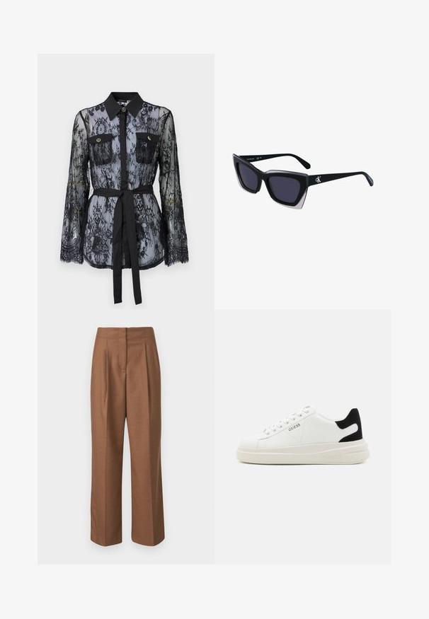 Black lace blouse featuring long sleeves, buttoned chest pockets, a classic collar, and a fabric belt tied at the waist. Transparent design.; Brown tailored trousers with a high waist, wide legs, front pleats, and a smooth texture. No visible pockets or embellishments.; White leather sneakers with a thick white sole, black suede heel accent, and embossed logo on the side. Laced design with six eyelets.; Black oversized sunglasses with a geometric shape, featuring dark lenses and a contrasting grey detail on the frame. Logo on the arm.; Silver hoop earrings with a smooth, shiny finish. Rounded shape, lightweight design, featuring a post-back closure.