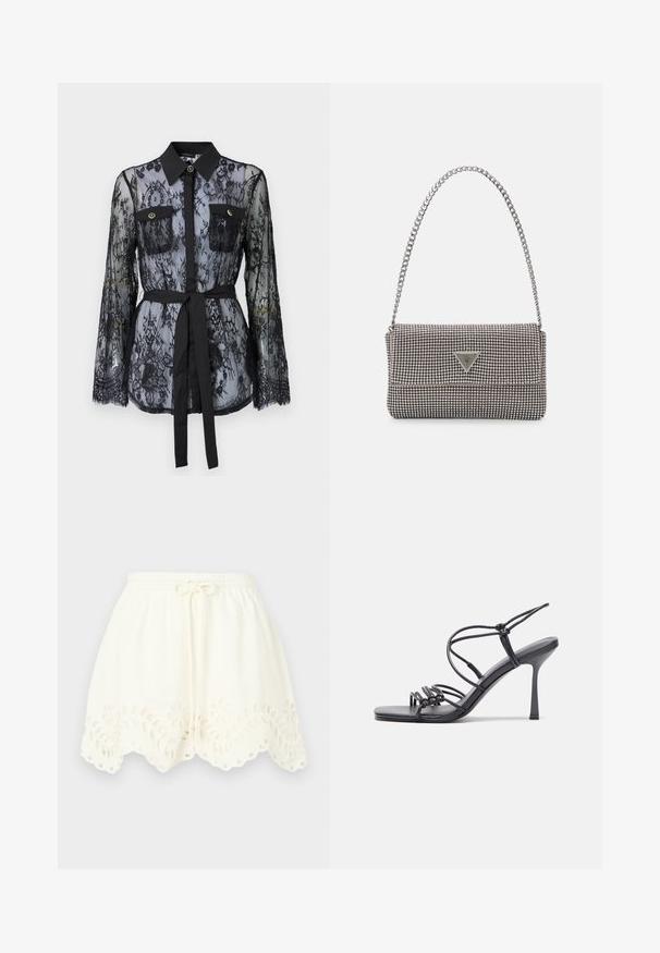 Czarna koronkowa bluzka z długimi rękawami, zapinanymi kieszeniami na piersi, klasycznym kołnierzykiem oraz materiałowym paskiem wiązanym w talii. Przezroczysty design.; Białe bawełniane szorty z elastycznym pasem i sznurkiem, z haftem kwiatowym i falbaniastym wykończeniem z wycięciami.; Czarne sandały na wysokim obcasie mają cienkie paski z węzłowym wzorem, gładki, kwadratowy czubek i smukły obcas w stylu szpilki.; Jasnoszara metaliczna torebka na łańcuszku, ozdobiona małymi okrągłymi metalowymi ćwiekami oraz trójkątnym logo marki.; Srebrne kolczyki na biglu o gładkim, błyszczącym wykończeniu. O zaokrąglonym kształcie, lekkim designie, z zamknięciem na zatrzask.