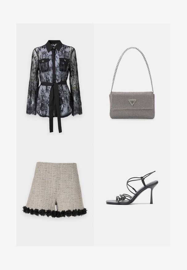Bluză din dantelă neagră, cu mâneci lungi, buzunare la piept cu nasturi, guler clasic și o curea din țesătură legată în talie. Design transparent.; Shorts din Tweed bej cu un model texturat, având o margine florală neagră la tiv. Designul include o formă generală croită.; Sandale negre cu toc înalt au curele subțiri cu un design legat, un vârf pătrat neted și un toc stiletto elegant.; Geantă metalică gri deschis, cu un strap din lanț, decorată cu mici ținte circulare metalice și un logo de marcă triangular.; Cercei rotunzi din argint cu un finisaj neted și strălucitor. Design ușor, având o formă rotundă și închidere cu tijă.