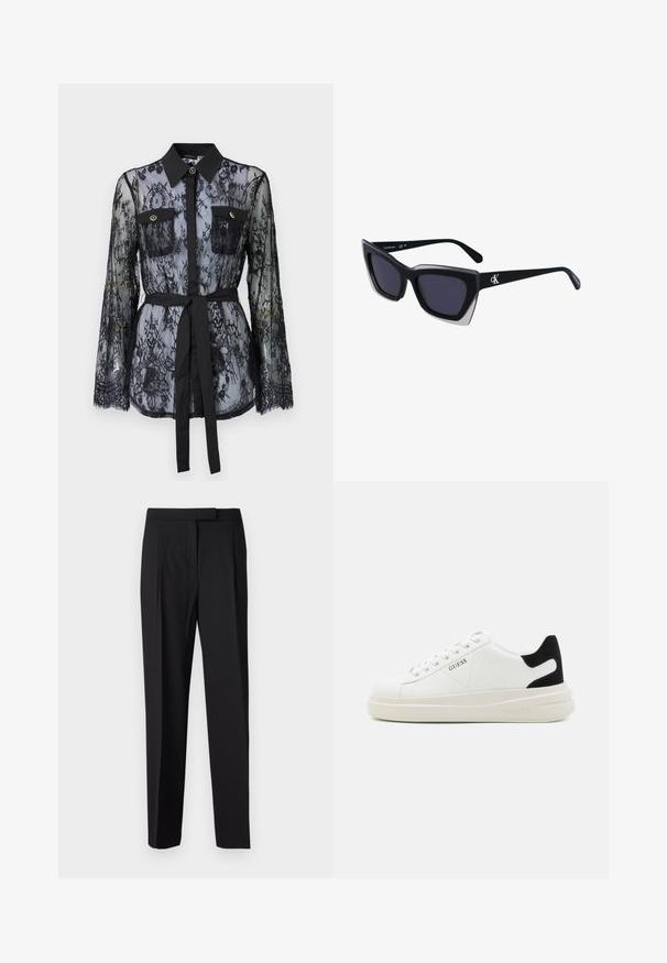 Blusa nera in pizzo con maniche lunghe, tasche sul petto con bottoni, colletto classico e una cintura in tessuto legata in vita. Design trasparente.; Pantaloni neri su misura realizzati in tessuto liscio, con un design a gamba dritta, tasche laterali e una chiusura discreta a gancio e barra in vita.; Sneaker bianchi in pelle con suola spessa bianca, accento in suede nero sul tallone e logo impresso sul lato. Design con lacci e sei fori per i lacci.; Occhiali da sole oversize neri dalla forma geometrica, con lenti scure e un dettaglio grigio a contrasto sulla montatura. Logo sul braccio.
