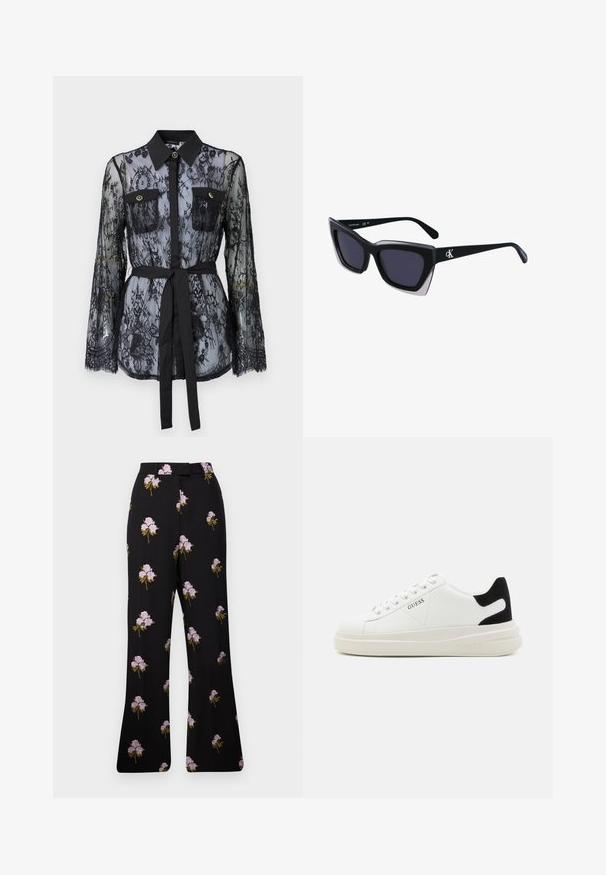 Zwarte kanten blouse met lange mouwen, knoopzakken op de borst, een klassieke kraag en een stoffen riem die op de taille is gestrikt. Doorzichtige uitstraling.; Zwarte bloemenbroek met paarse bloemenborduursels, tapse ontwerp, wijde pijpen en een taillebanddetail. Zacht materiaal met een gladde textuur.; Witte leren sneakers met een dikke witte zool, zwarte suède hielaccent en een geperst logo op de zijkant. Vetersluiting met zes oogjes.; Zwarte oversized zonnebril met een geometrische vorm, voorzien van donkere glazen en een contrasterend grijs detail op het montuur. Logo op de arm.; Zilveren oorringen met een glad, glanzend oppervlak, met een gebogen vorm en een sluiting met steker. Minimalistisch ontwerp met een moderne afwerking.