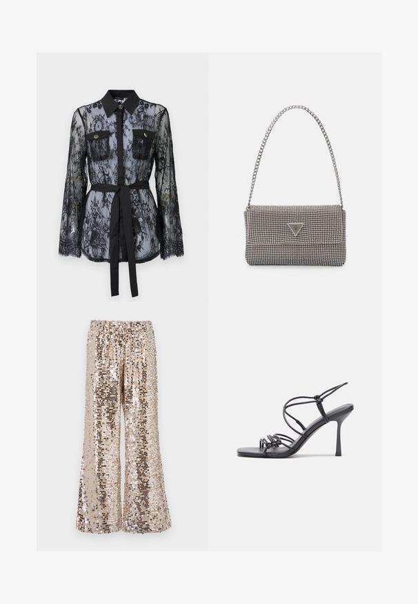 Čierna čipkovaná blúzka s dlhými rukávmi, gombíkovými náprsníkmi, klasickým golierom a látkovým opaskom viazaným v páse. Priehľadný dizajn.; Plesnivé široké nohavice v odtieňoch zlata a striebra s elastickým pásom. Majú trblietavú textúru a voľný strih.; Čierne sandále na vysokom podpätku majú tenké remienky s uzlovým dizajnom, hladký štvorcový špičku a elegantný stiletto podpätok.; Svetlošedá metalická kabelka s reťazovým popruhom, ozdobená malými kruhovými kovovými štítkami a trojuholníkovým logom značky.; Strieborné kruhové náušnice s hladkým a lesklým povrchom. Okrúhly tvar, ľahký dizajn, s uzáverom na kolík.