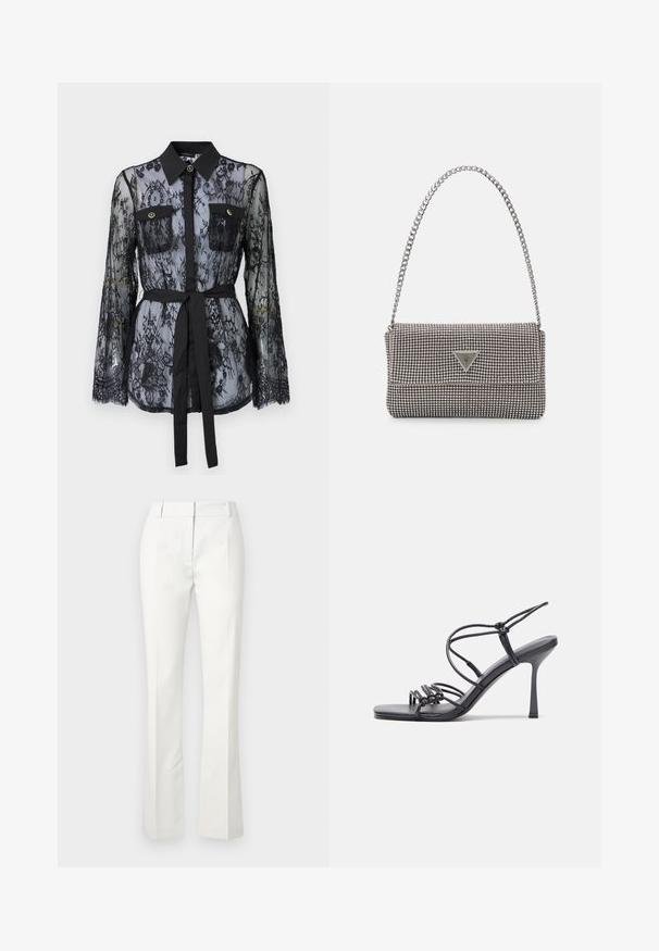 Svart spetsblus med långa ärmar, knäppta bröstfickor, klassisk krage och ett tygbälte knutet i midjan. Transparent design.; Vita skräddarsydda byxor med utsvängd nederdel, med frontveck och en jämn textur, tillverkade av ett lätt tyg.; Svarta högklackade sandaler har tunna remmar med en knuten design, en slät fyrkantig tå och en smal stilettklack.; Ljusgrå metallisk handväska med kedjestropp, prydd med små cirkulära metallnitar och en triangulär logotyp.; Silverfärgade hängande örhängen med en slät, blänkande yta. Rundad form, lätt design, med ett stift- och bakstängning.