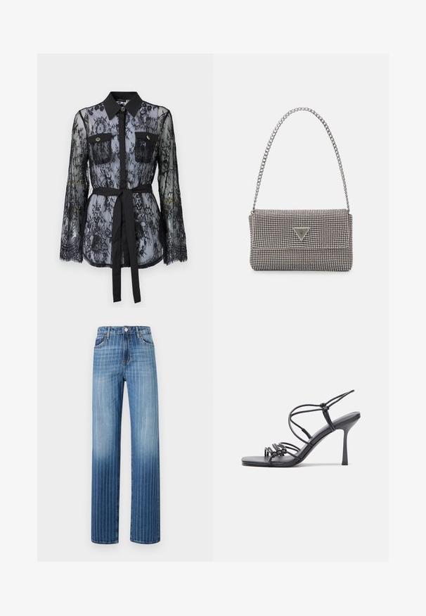 Must värviline pitspluus, mis on varustatud pikkade varrukatega, nööpidega rinna-taskutega, klassikalise kraega ja kangast vöödiga, mis on seotud vöökohtadele. Aksessuaar on läbipaistev.; Heledad sinine teksapüksid, millel on vertikaalsed valged triibud, sirge jala kujundus, viis taskut ja nööbi kinnitusega vöökoht.; Mustad musta värvi kontsandaalid on varustatud peente rihmadega, millel on sõlmekujundus, siledad ruudukujulised varbad ja stiilne stilettokonts.; Helehall metallik handbags, millel on kett, kaunistatud väikeste ümmarguste metallist õmblustega ja kolmnurkse brändi logoga.; Hõbedased rõngaskõrvarõngad, millel on sile ja läikiv pind. Ümar kuju, kerge disain, millel on post-tagumise kinnituse süsteem.