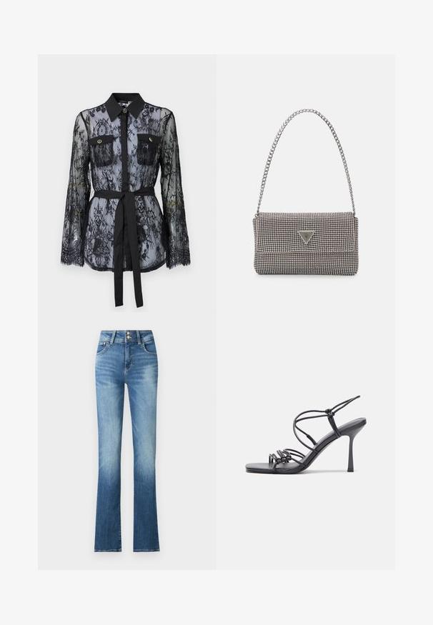 Svart spetsblus med långa ärmar, knäppta bröstfickor, klassisk krage och ett tygbälte knutet i midjan. Transparent design.; Blå denimbyxor med vida ben och hög midja, med ljusa slitningar, två knappar och sidofickor. Tyget har en slät yta.; Svarta högklackade sandaler har tunna remmar med en knuten design, en slät fyrkantig tå och en smal stilettklack.; Ljusgrå metallisk handväska med kedjestropp, prydd med små cirkulära metallnitar och en triangulär logotyp.; Silverfärgade hängande örhängen med en slät, blänkande yta. Rundad form, lätt design, med ett stift- och bakstängning.