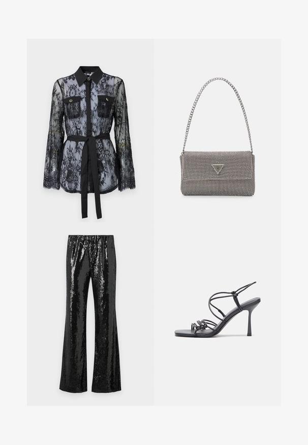 Melnas mežģīņu blūze ar garām piedurknēm, pogām kabatām uz krūtīm, klasisku apkakli un auduma jostu, kas saitē ap jostasvietu. Caurspīdīgs dizains.; Melnas spīgošās bikses ar saplacinātu dizainu, kurām ir elastīga josta un spīdīga virsma, kas atstaro gaismu. Vertikāls spīguļu raksts.; Melnas augstpapēžu sandales ar plāniem siksniņām un mezgla dizainu, gluda kvadrātveida purngalu un elegantu stiletto papēdi.; Gaiši pelēka metāla rokassoma ar ķēdes siksnu, rotāta ar mazām apaļām metāla kniedēm un trīsstūra zīmola logo.