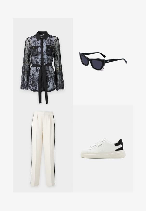 Schwarze Spitzenbluse mit langen Ärmeln, knöpfbaren Brusttaschen, klassischem Kragen und einem Stoffgürtel, der an der Taille gebunden ist. Transparenter Design.; Cremfarbene Hose mit schwarzen Seitenstreifen, gerade geschnitten mit gefaltetem Vorderteil, aus einem strukturierten Stoff gefertigt.; Weiße Leder-Sneaker mit einer dicken weißen Sohle, schwarzem Wildlederakzent an der Ferse und geprägtem Logo an der Seite. Schnürdesign mit sechs Ösen.; Schwarze übergroße Sonnenbrille mit geometrischer Form, ausgestattet mit dunklen Gläsern und einem kontrastierenden grauen Detail im Rahmen. Logo am Bügel.