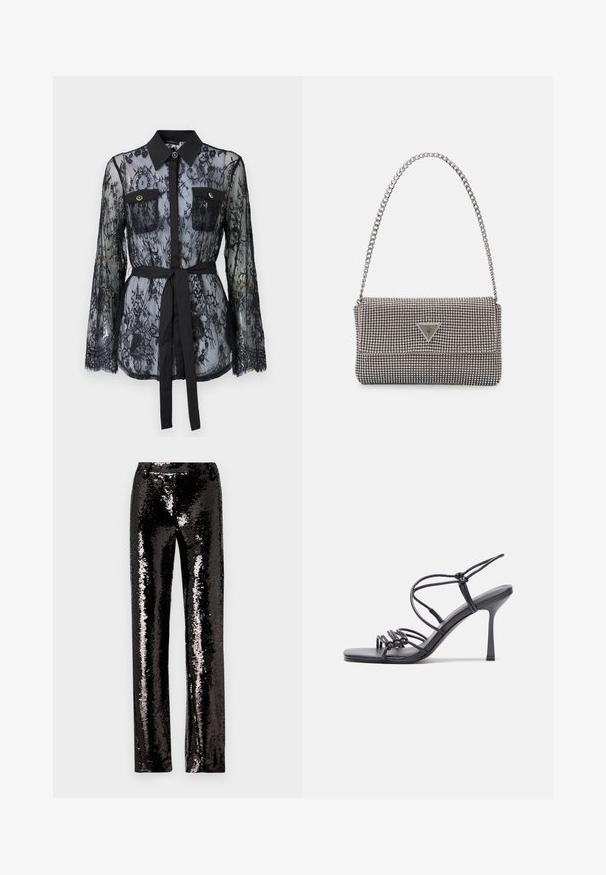 Blusa nera in pizzo con maniche lunghe, tasche sul petto con bottoni, colletto classico e una cintura in tessuto legata in vita. Design trasparente.; Pantaloni neri con paillettes, dal taglio dritto, caratterizzati da una texture lucida e una superficie scintillante che riflette la luce. Senza chiusure visibili.; Sandali neri con tacco alto presentano sottili cinturini con design annodato, una punta quadrata liscia e un elegante tacco a spillo.; Borsa a mano metallica grigia chiara con tracolla a catena, impreziosita da piccoli chiodi metallici circolari e da un logo triangolare del marchio.
