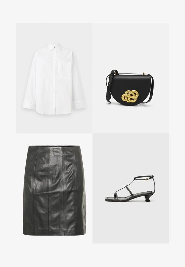 Chemise blanche à boutons en coton. Caractéristiques : manches longues, col, et une poche poitrine. Texture lisse, design classique.; Jupe en cuir noir avec une silhouette ajustée, présentant des coutures verticales pour plus de texture et une finition lisse.; Sandale en cuir noir avec un bout carré, des fines lanières, une bride de cheville ajustable et un petit talon. Présente un petit accent doré sur la lanière.; Sac en cuir noir de forme arrondie, avec un grand nœud décoratif doré à l'avant et une bandoulière réglable.; Barrette en métal de couleur dorée avec un design lisse et arrondi. La surface est réfléchissante, présentant une forme courbée jointe sans embellissements supplémentaires.