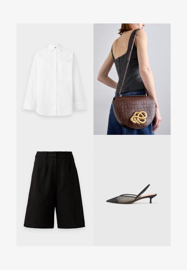 Witte overhemden van katoen. Voorzien van lange mouwen, een gecloeid nek en een enkele borstzak. Strakke textuur, klassiek ontwerp.; Zwarte shorts in een losse pasvorm, gemaakt van lichtgewicht stof met een gladde textuur. Voorzien van een platte tailleband en minimale details.; NEOUS IRENA - Klassieke pumps - black; Bruine handtas van leer met krokodilstructuur, met een gebogen, gestructureerde vorm en een gouden knoopaccent. Verstelbare schouderband en gladde textuur.