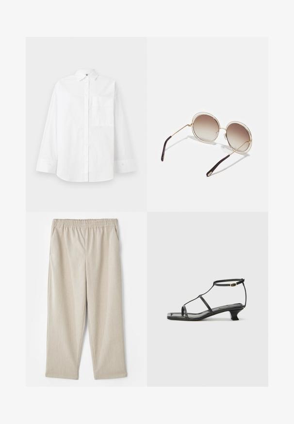 Bijela košulja dugih rukava od pamuka. Ima ovratnik i jedan džep na prsima. Glatka tekstura, klasičan dizajn.; Bež, lagane hlače od teksturirane tkanine. Imaju elastičnu struk i bočne džepove, s ravnim dizajnom nogavica.; Crne kožne sandale sa kvadratnim vrhom, tankim trakama, podesivom trakicom oko gležnja i niskom petom. Imaju mali zlatni detalj na traci.; CHLOÉ CARLINA OVERSIZED ROUND METAL SUNGLASSES - Sunčane naočale - gold-coloured/brown