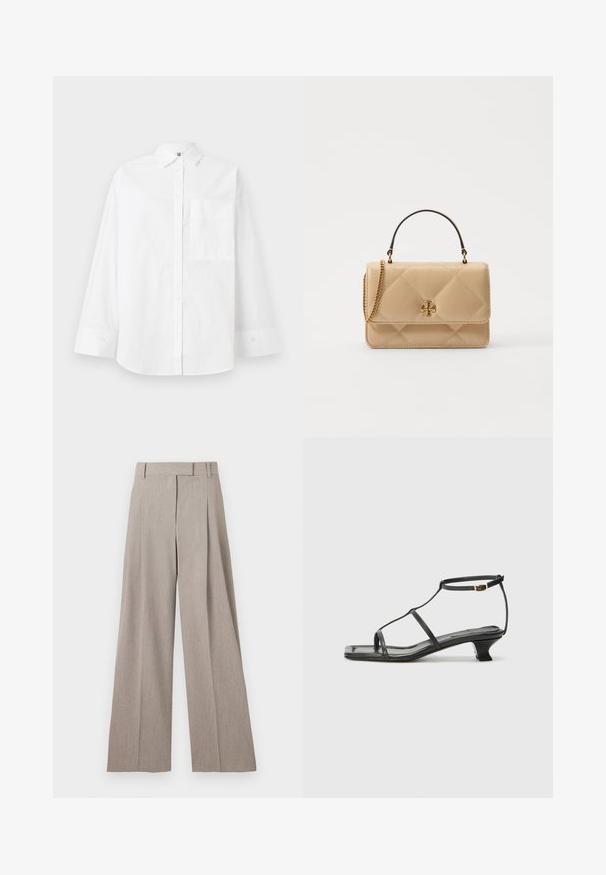 Vit skjorta av bomull. Har långa ärmar, en krage och en enda bröstficka. Slät textur, klassisk design.; By Malene Birger BARIA - Tygbyxor - grey brown melange; Svart lädersandal med fyrkantig tå, tunna remmar, justerbar ankelrem och låg klack. Har en liten guldaccent på remmen.; Quiltad beige läderhandväska med guldfärgade detaljer, kedjesnor och bärhandtag. Har en framficka med klaff och signaturlogo.