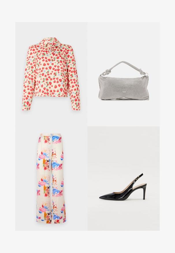 Bluzka z długim rękawem w jasnoróżowym materiale, z nadrukiem truskawek, zielonymi liśćmi i niebieskimi kwiatami, z zapinanym kołnierzykiem i wiązaniem.; Spodnie z szerokimi nogawkami w kremowym materiale, ozdobione kolorowym wzorem akwarelowym z różowymi, niebieskimi i pomarańczowymi akcentami. Lekki i przepuszczający powietrze materiał.; Czarne lakierowane szpilki typu slingback z szpiczastym noskiem, smukłym obcasem i subtelnym wycięciem. Posiadają złotą klamrę na pasku.; Srebrna torebka na ramię z metalowej siatki, z węzłowym uchwytem, zapięciem na zamek błyskawiczny oraz geometrycznym kształtem i gładką teksturą.