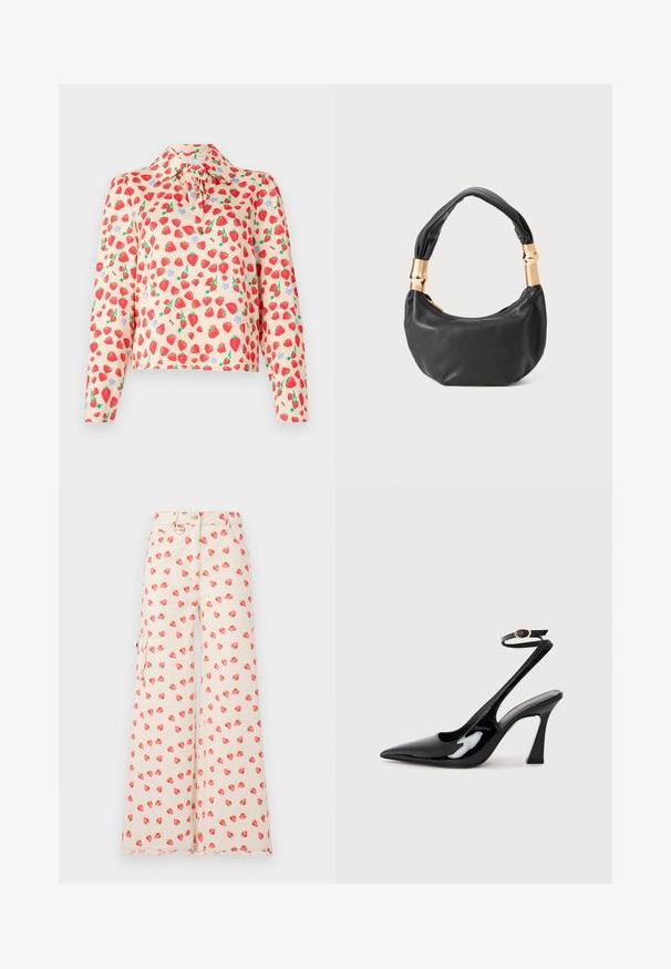 Blúzka s dlhým rukávom v svetlo broskyňovej farbe, s potlačou jahôd so zelenými listami a modrými kvetmi, gombíkovým golierom a detailom na viazanie.; Široké nohavice vyrobené z béžovej látky, s vzorom jahôd v červenej a zelenej farbe. Obsahujú bočné vrecká a rozstrapkaný lem.; Čierne lakované kožené lodičky na podpätku s špicatou špičkou, nastaviteľným popruhom okolo členka a stredne vysokým blokovým podpätkom. Hladký povrch s lesklým finišom.; Čierna kožená kabelka s guľatým tvarom, príjemnou textúrou a uzlíkovou rukoväťou s akcentmi zlatého tónu. Zipsové uzatvorenie.