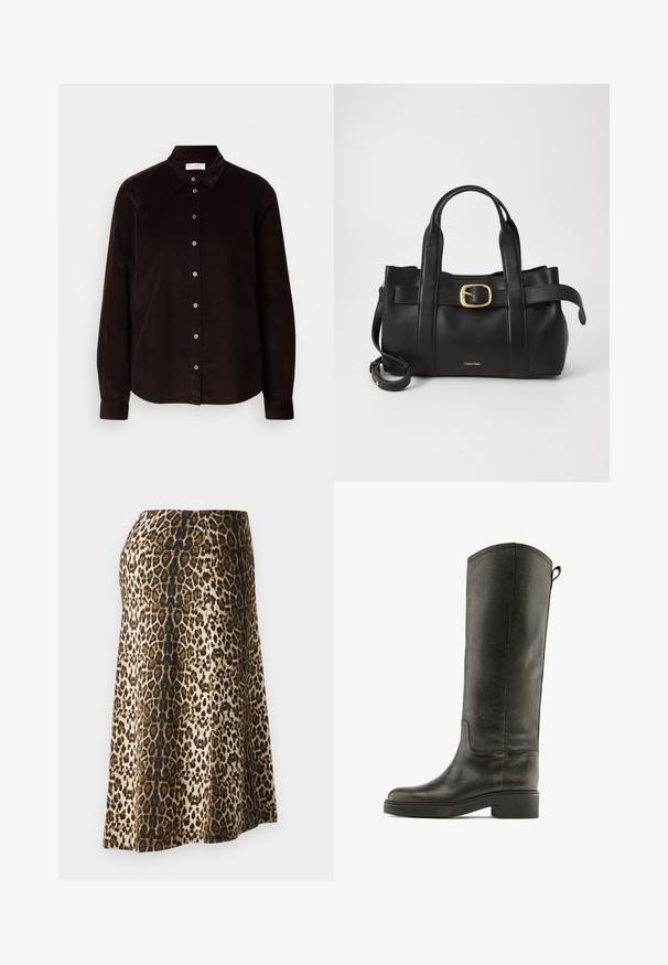 Camicia in corduroy marrone scuro a maniche lunghe con colletto e chiusura frontale con bottoni, esposta piatta su uno sfondo chiaro.; Gonna a stampa leopardata con una texture morbida e liscia; i colori includono beige, nero e marrone; lunghezza alla caviglia con vita aderente.; Stivale in pelle verde scuro alto fino al ginocchio, con una superficie liscia, punta rotonda e tacco a blocco basso, caratterizzato da cuciture minime e un'etichetta per il passaggio.; Borsa a mano in pelle nera con un design strutturato, doppie maniglie superiori, accentuazione in metallo dorato e logo del marchio in rilievo sul davanti.