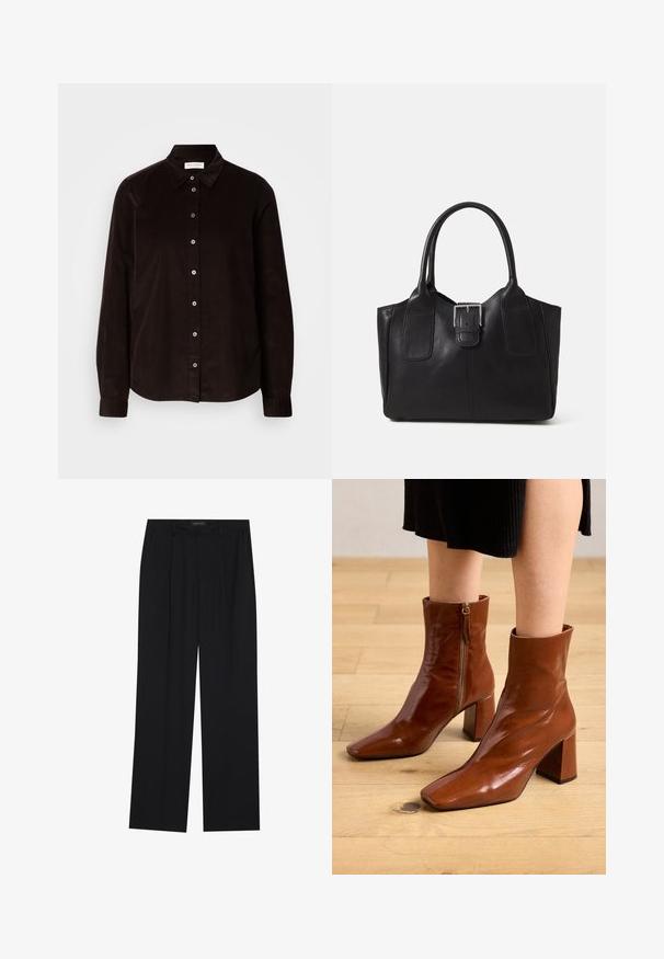 Camisa de corduroy de manga larga color marrón oscuro, con cuello y cierre frontal de botones, exhibida plana sobre un fondo claro.; Pantalones negros con un diseño de pierna recta, que cuentan con dos bolsillos frontales y una cinturilla. Fabricados con una tela suave y ligera.; Botas de tobillo de cuero marrón con un acabado brillante, punta cuadrada, tacón bloque y detalle de cremallera lateral, sobre un suelo de madera clara.; Bolso tote de cuero negro con textura suave, forma estructurada, dos asas y un prominente detalle de hebilla plateada en la parte frontal.