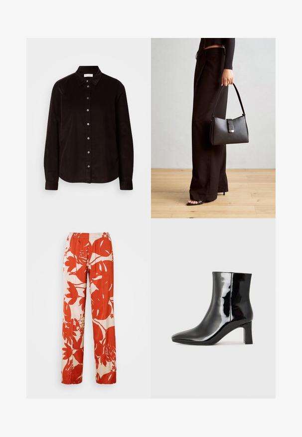 Tamno smeđa košulja dugih rukava od kordura s ovratnikom i prednjim gumbima, prikazana ravno na svijetloj pozadini.; Pantalone širokih nogavica s crvenim i krem cvjetnim uzorkom, s elastičnom talijom. Tkanina ima glatku teksturu i sadrži velike dizajne lišća i cvijeća.; Crne lakirane kožne gležnjače s šiljastim prstom i srednje visokom blok petom. Glatka tekstura i minimalistički dizajn.; Crna torba s oblikom koji sadrži strukturu, glađu teksturu i metalnu kopču. Uparena s širokim crnim hlačama i sandalama na otvorenom s drvenog poda.