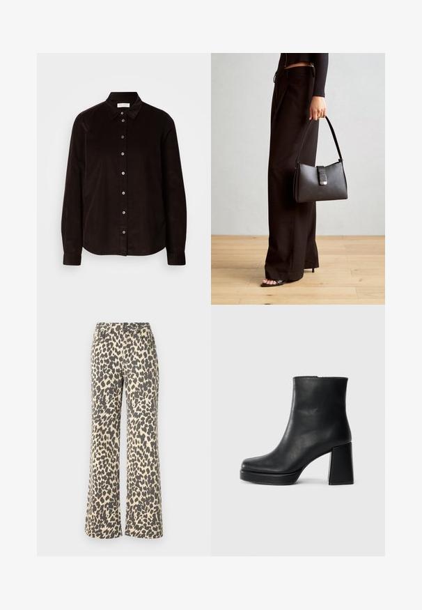 Camisa de corduroy de manga larga color marrón oscuro, con cuello y cierre frontal de botones, exhibida plana sobre un fondo claro.; Pantalones de mezclilla con estampado de leopardo, de cintura alta, con una base de color beige claro y manchas marrón oscuro; diseño de pierna acampanada; tejido resistente con una textura suave.; Botín de cuero negro con tacón cuadrado y suela de plataforma, visto de lado sobre un fondo blanco liso.; Bolso negro con forma estructurada, textura suave y un cierre metálico. Combinado con pantalones anchos negros y sandalias de dedo en un suelo de madera.