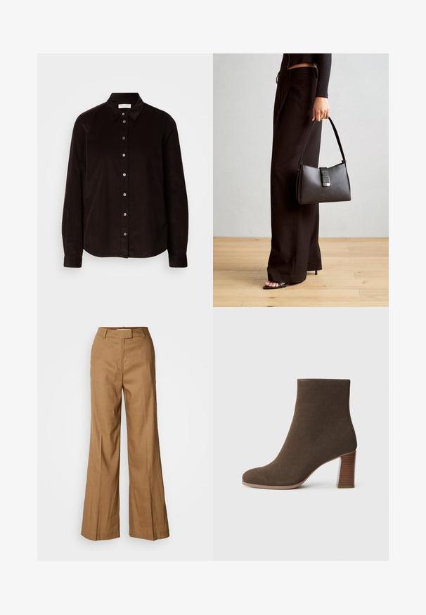 Mørkebrun langermet kordfløyelskjorte med krage og knappestolpe foran, vist flatt mot en lys bakgrunn.; Brune vide benbukser laget av lett materiale. Har flat front, beltehemper og en skreddersydd silhuett med ankel-lengde.; Brune semsket ankelstøvel med rund tå og en stablet, teksturert hæl. Glatt ytre uten synlige lukkinger eller dekorasjoner.; Svart håndveske med strukturert form, jevn tekstur og metallisk lås. Kombinert med brede svarte bukser og sandaler med åpen tå på tregulv.
