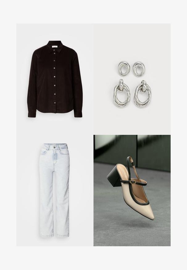 Tmavo hnedá kordové košela s dlhým rukávom, golierom a predným zapínaním na gombíky, vystavená na svetlom pozadí.; Svetlomodré džínsy s vyšším pásom a rovnýím strihom, vyrobené z denimu. Obsahujú zapínanie na gombíky, dizajn s piatimi vreckami a jemne vybielenú textúru.; Béžová lodička so špicatou špičkou, s čiernym lemom, zlatou prackou a robustným blokovým podpätkom na šedom podlahe s tmavozeleným pozadím.; Strieborné kovové náušnice s dvoma dizajnmi: skrútený kruhový náušník a hladký kruhový napichovací šperk. Odrážajúci povrch zvyšuje eleganciu.