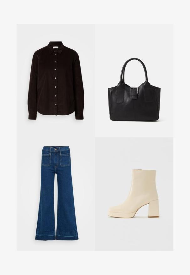 Tamno smeđa košulja dugih rukava od kordura s ovratnikom i prednjim gumbima, prikazana ravno na svijetloj pozadini.; Pufaste plave traperice s visokim strukom, s kopčanjem na gumb, dva stražnja džepa i manžetama. Teksturirani materijal s vidljivim šavovima.; Bež kožne gležnjače s blok petom i platformom, glatke površine, i lagano kvadratnim vrhom, okrenute lijevo na bijeloj pozadini.; Crna kožna torba za nošenje s glatkom teksturom, strukturiranim oblikom, dvije ručke i istaknutim srebrnim kopčanjem na prednjoj strani.