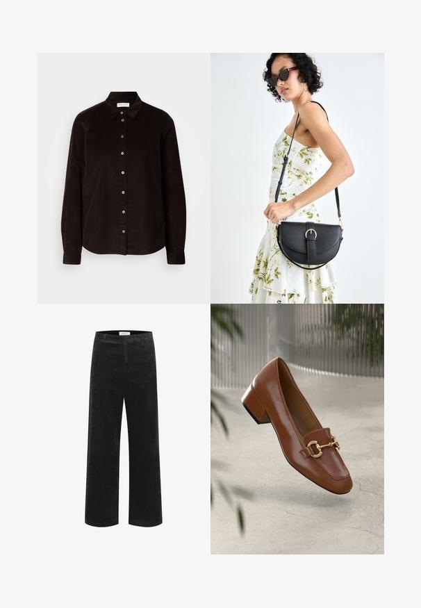 Sötétbarna, hosszú ujjú kordbársony ing gallérral és elöl gombos záródással, világos háttérrel szemben sík felületen elhelyezve.; Fekete kordbársony széles szárú nadrág, függőleges bordázással, formázott derékrésszel és sima elülső résszel. Az anyag lágy hatású, enyhe fényével.; Barna lakkbőr loaferek négyzet alakú orral, fém lánc díszítéssel és alacsony blokk sarkú kialakítással; sima textúra, minimalista design.; Fekete bőrtáska ívelt formával, levehető pánttal és arany színű fémrészekkel. A táskán egy csattal díszített fedél található.