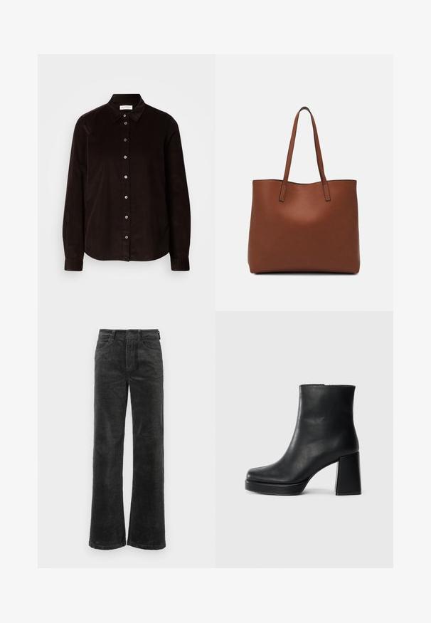Dark brown long-sleeve corduroy shirt with collar and front button closure, displayed flat against a light background.; Black corduroy pants with wide legs, featuring front pockets and a button closure, soft texture with ribbed pattern throughout.; Black leather ankle boot with a block heel and platform sole, viewed from the side on a plain white background.; Brown leather tote bag with a smooth texture, open top design, and two shoulder straps. Features minimal stitching and no visible hardware.