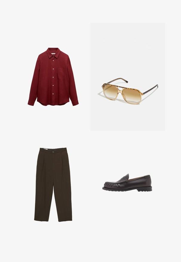 Bordeaux-langarmhemd aus Leinen mit Button-Down-Kragen, Fronttaschen und abgerundetem Saum; verfügt über weiße Knöpfe.; Dunkelbraune maßgeschneiderte Hosen mit vorderen Falten, Gürtelschlaufen und einem Knopfverschluss an der Taille.; Braune Lederloafers mit runder Zehenform, gestickten Details und einer niedrigen Gummisohle. Glatte Oberfläche mit einem subtilen Glanz.; Sonnenbrille im Schildpatt-Design mit rechteckigem Rahmen, braunem Verlaufsglas und schlanken schwarzen Bügeln mit dezenten Logo-Akzenten.
