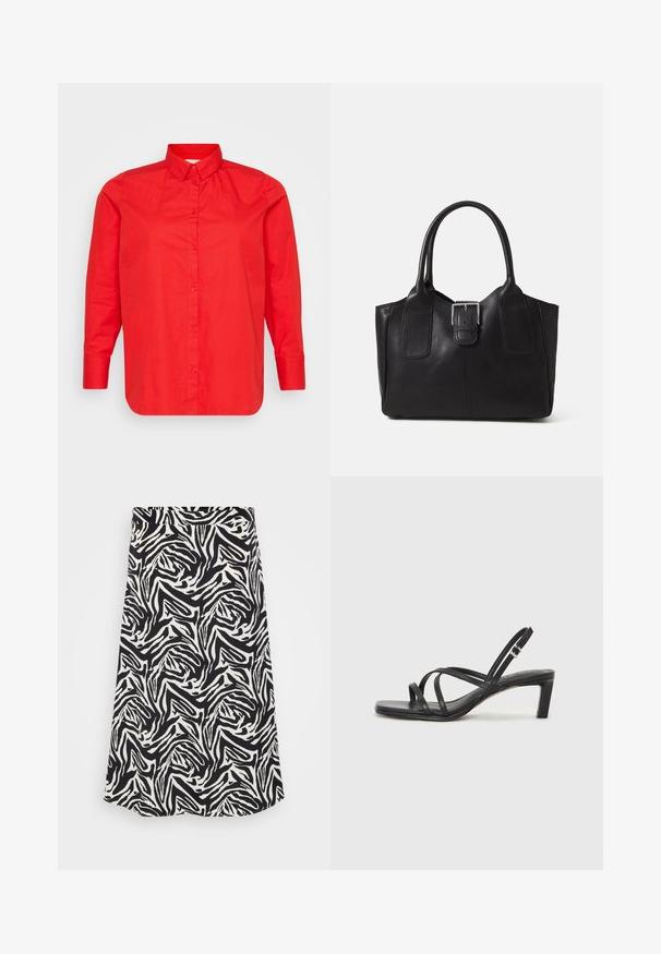 Cămașă roșie cu mânecă lungă, din bumbac, cu guler clasic, croi drept și închidere cu nasturi pe față. Textură fină.; Fustă alb-negru cu un model zebrat spiralat, cu un croi drept și o margine dreaptă. Fabricată dintr-un material neted și ușor.; Sandal cu barete negre, cu vârf pătrat și toc mic de bloc. Prezintă mai multe barete subțiri și o bareta ajustabilă la gleznă. Fabricat din piele netedă.; Geantă tote din piele neagră cu textură netedă, formă structurată, două mânere și un detaliu proeminent din aliaj de argint pe partea din față.