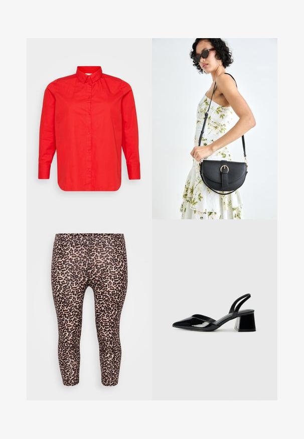 Crvena košulja dugih rukava s gumbićima, izrađena od pamuka, s klasičnim ovratnikom, ravnog kroja i gumbima sprijeda. Glatka tekstura.; Leggings s uzorkom leoparda, prilagođenog dizajna, sa elastičnom waistline, glatke teksture i svijetlo bež pozadinom koja sadrži tamnosmeđe točkice.; Crne lakirane kožne sandale s otvorenom petom i špicastim vrhom, s geometrijskom blok petom. Imaju elegantan, minimalistički dizajn i glatku teksturu.; Crna kožna torba s lukovitim oblikom, odvojivim remenom i zlatnim detaljima. Torba ima preklop s kopčom.