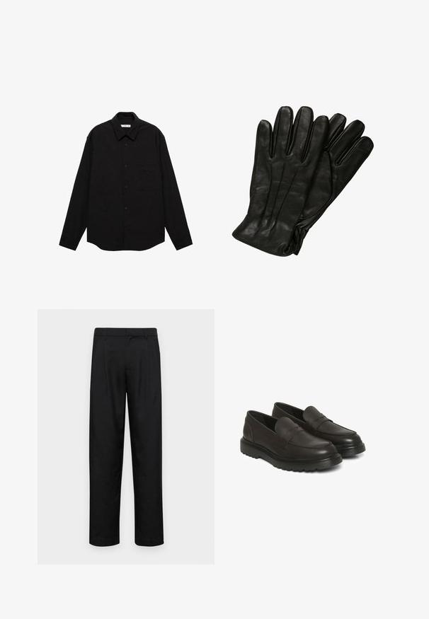 Black long-sleeve shirt in a crinkled texture, featuring a pointed collar, front button closure, and a chest pocket.; Black cotton t-shirt with short sleeves, round neck, and front left chest print in white and gold text, featuring a relaxed fit.; Black trousers made of smooth fabric, featuring a straight-leg design, two front pleats, and standard waistband with belt loops.; Brown leather slip-on shoes with a smooth finish, padded collar, and textured design. Features a black rubber sole with a groove pattern.; Black leather gloves with a smooth texture, five fingers, and subtle stitching details. Classic design, suitable for cold weather use.