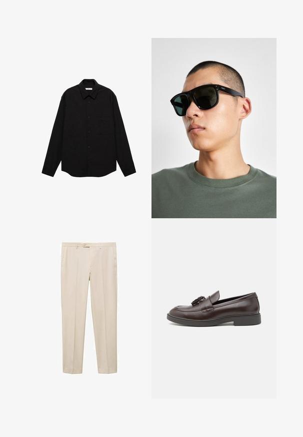 Maglietta nera a maniche lunghe con una texture rugosa, dotata di colletto a punta, chiusura frontale con bottoni e taschino sul petto.; Pantaloni beige su misura con taglio dritto, dotati di chiusura in vita con un singolo bottone, due tasche laterali e design frontale piatto.; Mocassini in pelle marrone con punta tonda, un foulard decorativo, dettagli cuciti e un tacco in gomma basso per un maggiore comfort.; Occhiali da sole rettangolari neri con lenti scure, caratterizzati da una forma distintiva e un marchio sulla parte tempiale. Indossati da una persona con una maglietta verde.