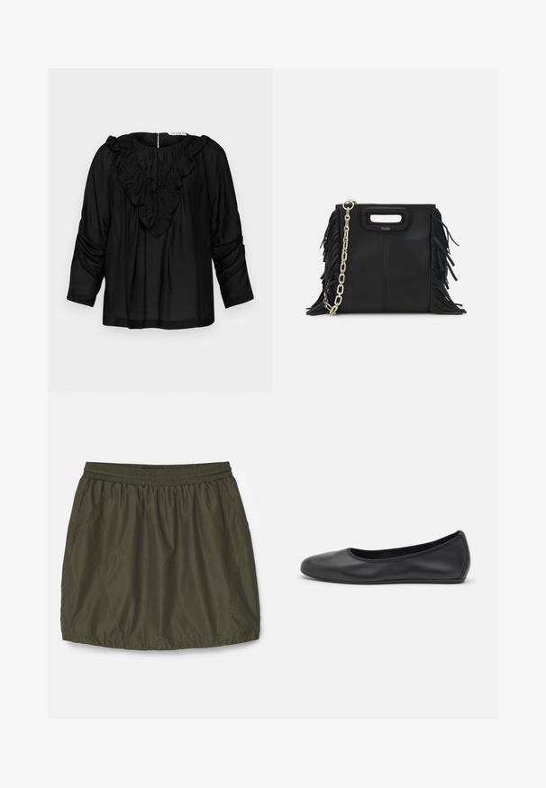 Blusa nera con scollo a V arricciato, maniche a tre quarti e dettagli arricciati sulle spalle, realizzata in un tessuto liscio e leggero.; Gonna leggera color verde oliva con vita elastica, texture arricciata, tasche laterali e dettagli cuciti.; Pantofole da balletto nere in pelle con punta arrotondata, texture liscia, dettagli di cucitura minimi e design con suola flessibile.; Borsa a tracolla in pelle nera con dettagli a frangia, catena dorata e manico ritagliato. Presenta il logo sulla parte anteriore.