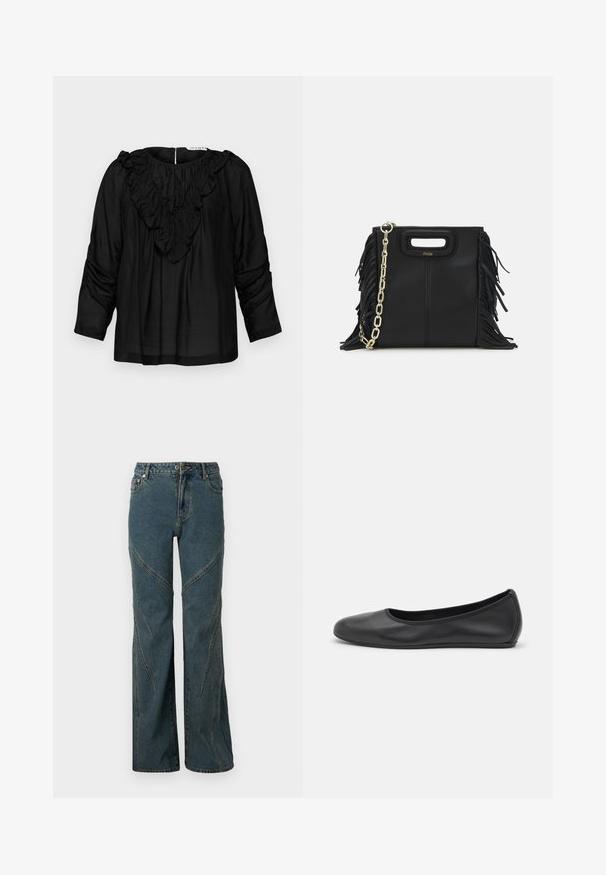 Mustat pusero, jossa on röyhelöillä varustettu V-kaula-aukko, kolmannelta neljännekseltä hihat ja kokoontumisdetaileja hartioilla, valmistettu sileästä ja kevyestä kankaasta.; Sininen farkkukangas, jossa on leveä lahkeiden malli, kaarrellut saumat ja standardi viisi-taskuinen tyyli. Viimeistelemätön helma alareunassa.; Musta nahkainen ballerina, jossa on pyöristetty kärki, sileä pinta, minimaalinen ommelkoristelu ja joustava pohjamuotoilu.; Musta nahkakäekott, millel on frantsiisidetailid, kuldne õlgade rihm ja lõikega käepide. Ees on logo paigutus.