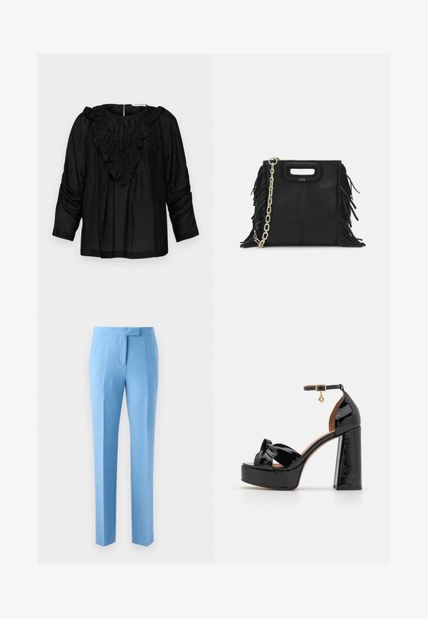 Mustmustükk musta bluusiga, millel on volangiga V-kaelus, kolmeveerandilise pikkusega varrukad ja kogutud detailid õlgadel, valmistatud siledast ja kergest kangast.; Heledad sinine pükste lõige, millel on tasane eesmine osa, küljetaskud ja sile tekstuur. Kujundatud puhta ja kaasaegse siluetiga.; Maje Kõrge kontsaga sandaalid - noir; Musta nahk käekott, millel on frantsiisid, kuldne ahelsanga ja lõigatud käepide. Esiosas on logot.