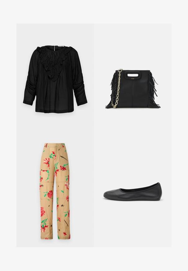 Melna blūze ar kraukšķīgu V-veida kakla izgriezumu, trīs ceturtdaļu piedurknēm un savāktām detaļām plecos, izgatavota no gludas, vieglas auduma.; Ziedu raksta bikses ar beigu fonu, kas rotātas ar sarkanām un zaļām ziediem un melniem akcentiem. Brīva forma ar sānu kabatām.; Melna ādas baleta kurpe ar noapaļotu purngalu, gludu tekstūru, minimālu šuvju detalizāciju un elastīgu zoles dizainu.; Melna ādas rokassoma ar frizūras detaļām, zelta ķēdes plecu siksnu un izgrieztu rokturi. Ir logotipa novietojums priekšpusē.