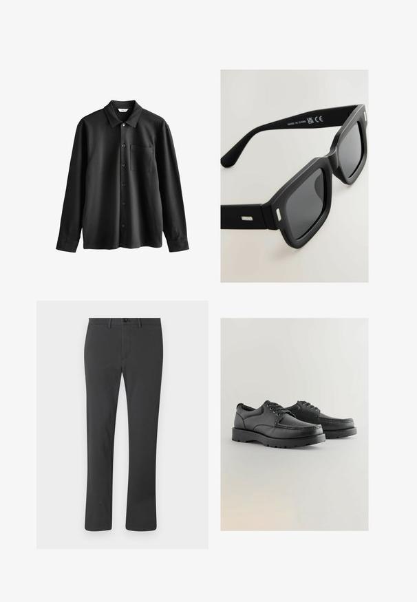 Camisa negra de manga larga hecha de tela suave. Presenta un cuello puntiagudo, bolsillo frontal y cierre de botón con botones negros.; Pantalones negros hechos de tela suave, con un diseño de pierna recta, cremallera en la bragueta, cierre de botón y trabillas para el cinturón. Estilo básico y funcional.; Zapatos de cuero negro con texturizado en la parte superior, punta redonda, diseño con cordones y suelas de goma gruesa con un patrón de relieve.; Gafas de sol rectangulares negras con acabado mate, lentes oscuros y detalles en plata en las patillas. Presentan un diseño de montura gruesa y una textura suave.; Guantes de cuero negro con una textura suave, diseño elegante y costuras prominentes a lo largo de los dedos, con una punta ligeramente redondeada en cada dedo.
