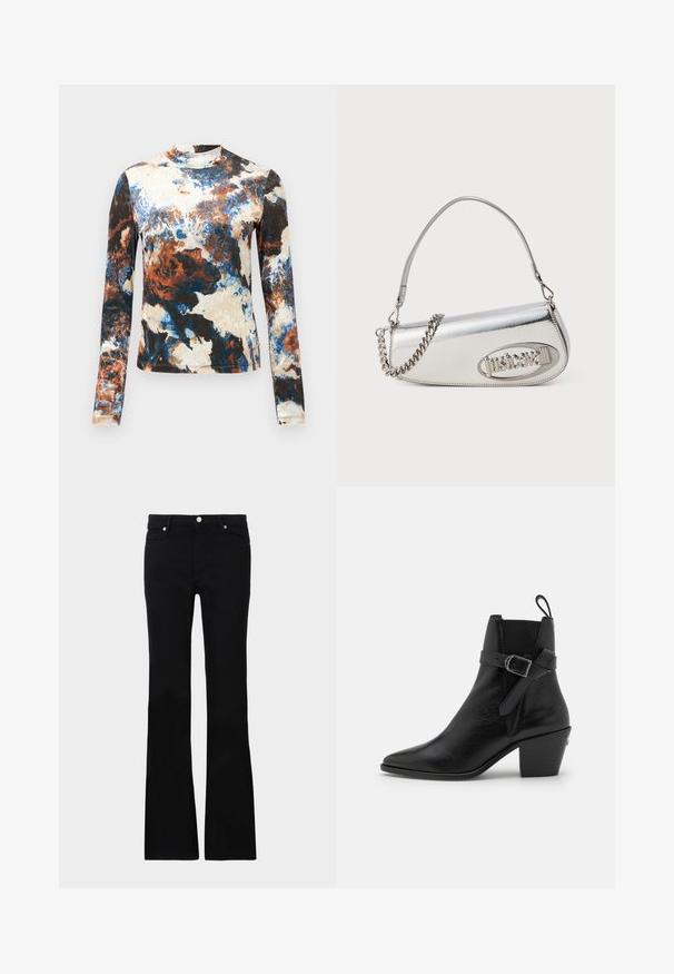 Dugi rukav s gornjim dijelom u kombinaciji apstraktnih uzoraka plave, smeđe i krem boje. Mekani materijal s prilagođenim dizajnom i visokim ovratnikom.; Crne široke traperice izrađene od denima, s dva prednja džepa, kopčanjem na dugme i glatkom teksturom. Potpisna šavova vidljiva na šavovima.; Crne kožne čizme do gležnja s nazubljenim vrhom, debelim potplatom i detaljem na boku s kopčom. Imaju glatku teksturu i petu za povlačenje na poleđini.; Srebrna metalik torba s zaobljenim trokutastim oblikom, s logotipom, lančićem za nošenje i glatkom teksturom. Zatvaranje na patentni zatvarač sa strane.