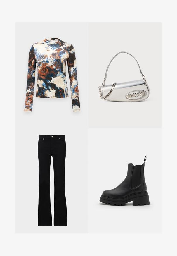 Hosszúujjú felső kék, barna és krémszínű absztrakt minták keverékéből. Puha anyagú, testhezálló fazon, magas nyakkal.; Fekete, bővülő szárú farmernadrág, két elülső zsebből áll, gombos záródással és sima textúrával rendelkezik. A varrásoknál látható a jellegzetes öltés.; Fekete Chelsea csizmák sima bőrből, rugalmas oldalsó panelekkel, vastag, bordázott gumitalppal és hátsó húzófüllel.; Ezüst fémes kézitáska lekerekített háromszög alakú, logóval, láncos pánttal és sima textúrával. Oldalán cipzáras záródás.