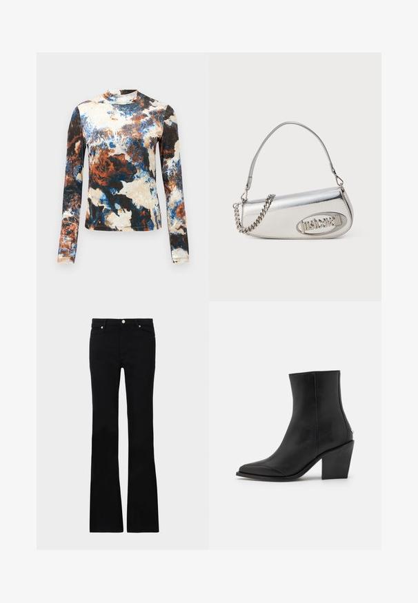 T-shirt à manches longues avec un mélange de motifs abstraits bleus, marron et crème. Tissu doux avec un design ajusté et un col montant.; Jean évasé noir en denim, avec deux poches avant, une fermeture à bouton et une texture lisse. Couture signature visible aux coutures.; Bottine en cuir noir avec un bout pointu, un talon carré et des détails subtils sur les côtés. Texture lisse avec un design minimaliste.; Sac à main métallique argenté avec une forme triangulaire arrondie, comportant un logo, une chaîne en bandoulière et une texture lisse. Fermeture éclair sur le côté.