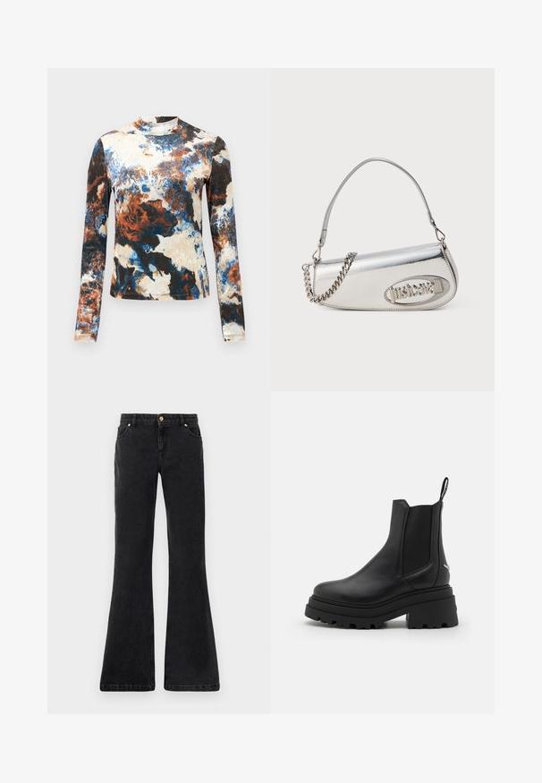 Pikkade varrukatega topp sinise, pruuni ja kreemja abstraktse mustriga. Pehme kangas, sobiv disain ja kõrge kaelus.; Mustad mustad denim püksid viie taskuga, esiseotud nööbiga ja kontrastsetõmblustega. Kanga pind on sile.; Mustad mustad tumed nahast Chelseas kingad, millel on elastsed külgpaneelid, paks ja sooniline kummitald ning tagaküljel tõmberaam.; Hõbedane metallist käekott, millel on ümar kolmnurkne kujundus, millel on logo, kettrihm ja sile tekstuur. Küljel on lukuga sulgur.