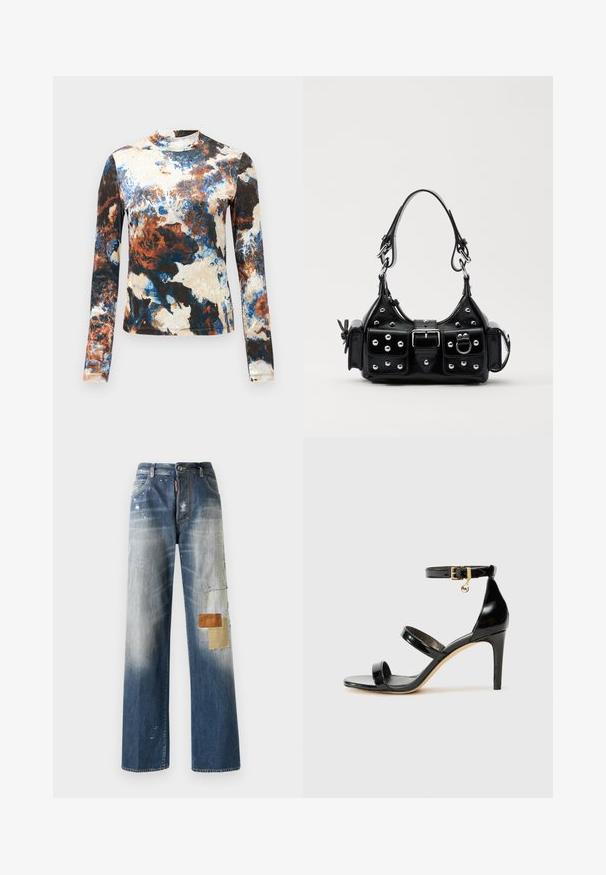 Long-sleeve top in a blend of blue, brown, and cream abstract patterns. Soft fabric with a fitted design and high neck.; Blue denim jeans featuring a loose fit, faded sections, and various textured patches in brown and beige on the left leg. Light distressing visible.; Black patent leather sandal with three straps, ankle buckle, and 4-inch stiletto heel. Features gold hardware detail and logo charm.; Black leather handbag with a curved design, featuring silver studs, a buckle, and two side pockets. Adjustable strap for carrying options.