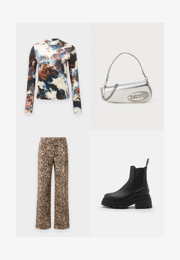 Ilga rankovė palaidinė su mėlynos, rudos ir grietinėlės spalvų abstrakčiais raštais. Minkšta medžiaga, prigludusi forma ir aukšta apykaklė.; Kamo leopardų rašto plačios kojos kelnės, pagamintos iš smėlio ir juodos spalvos. Iš medvilnės mišinio, su lygiu paviršiumi, turinčios aukštą liemenį ir be matomų detalių.; Juodi Chelsea batai, pagaminti iš lygaus odos, su elastingais šonų paneliais, storu, grotuotu guminio pado ir su traukimo įrankiu gale.; Sidabrinė metalinė rankinė apvalios trikampio formos, su logotipu, grandeline juosta ir lygiu paviršiumi. Užtrauktukas šone.