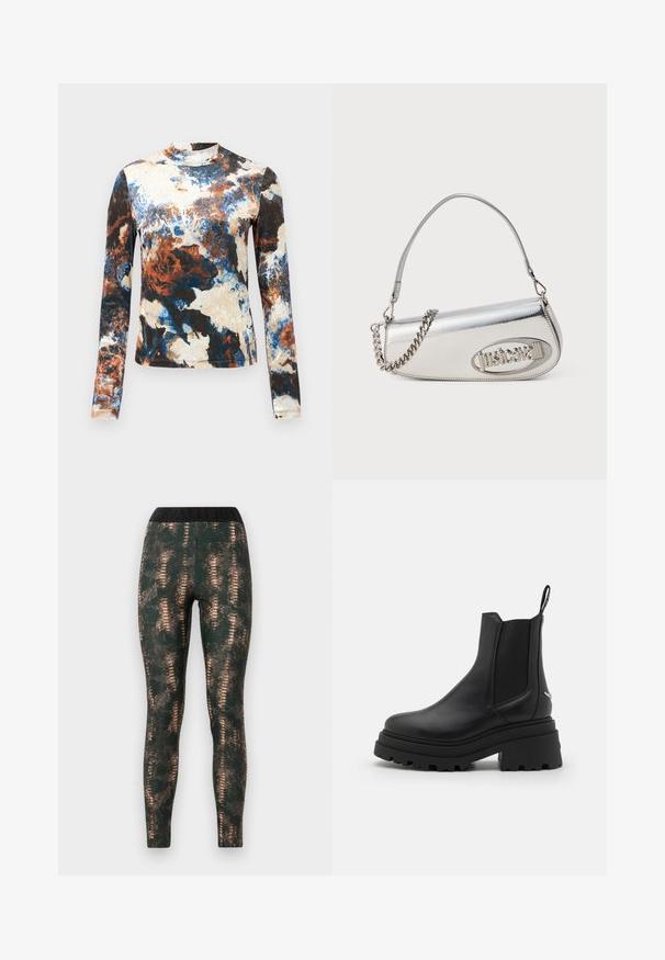 Ilga rankovė palaidinė su mėlynos, rudos ir grietinėlės spalvų abstrakčiais raštais. Minkšta medžiaga, prigludusi forma ir aukšta apykaklė.; Tinkamos formos tamsiai žali kelnių kelnaitės su gyvačių odos raštu, su plačiu juodu juosmeniu ir iškilmingu prekės ženklu.; Juodi Chelsea batai, pagaminti iš lygaus odos, su elastingais šonų paneliais, storu, grotuotu guminio pado ir su traukimo įrankiu gale.; Sidabrinė metalinė rankinė apvalios trikampio formos, su logotipu, grandeline juosta ir lygiu paviršiumi. Užtrauktukas šone.