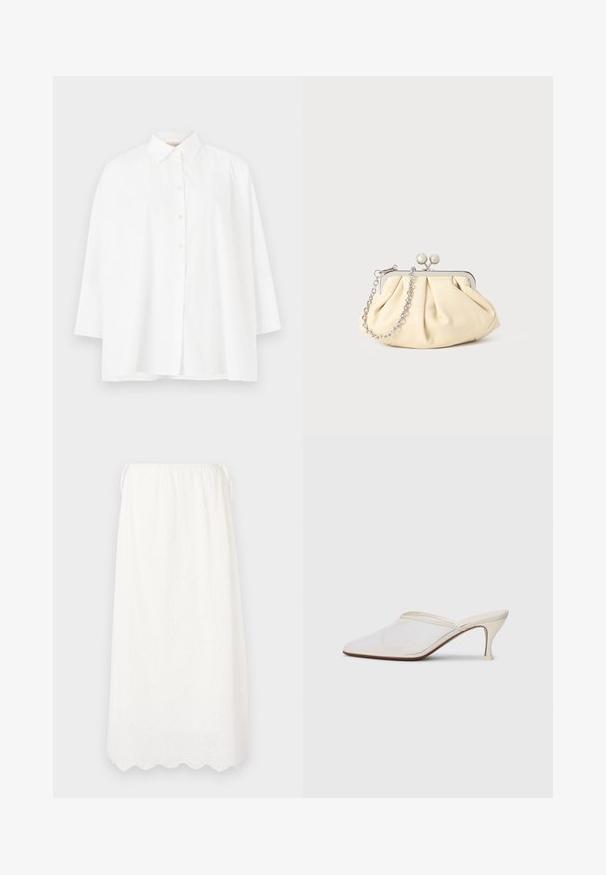 Weißes Button-Down-Hemd mit klassischem Kragen, langen Ärmeln und lockerer Passform. Glattes Baumwollmaterial ohne sichtbare Muster oder Akzente.; DESIGNERS REMIX LUNA MAXI SKIRT - Maxirock - cream; Weiße Mesh-Pantoletten mit spitzer Zehenform, schlankem Mittelabsatz und Slip-On-Design vor einem schlichten Hintergrund.; Faltige beigefarbene Ledertasche mit einem silbernen Metallrahmen, ausgestattet mit zwei runden dekorativen Verschlüssen und einem silbernen Kettenriemen.