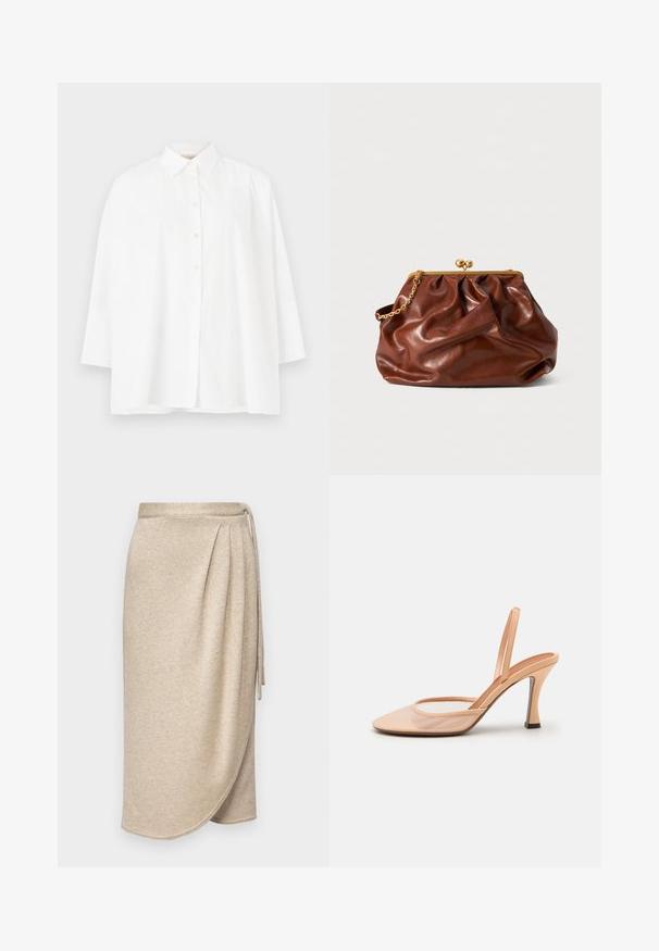 White button-up shirt with a classic collar, long sleeves, and a relaxed fit. Smooth cotton fabric with no visible patterns or accents.; Beige wrap skirt made of soft, textured fabric with a subtle shimmer. Features a tied waist and draped design with a hem that curves gently.; Nude mesh slingback heel with a pointed toe, slender ankle strap, and a stiletto heel featuring a black accent at the base.; Brown leather clutch bag with gold clasp frame and short gold chain handle, featuring a soft, gathered texture on a white background.