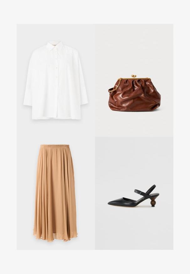 Fehér, gombos ing klasszikus gallérral, hosszú ujjú és laza szabású. Simított pamut anyag, látható minták vagy kiemelések nélkül.; Világos bézs maxi szoknya, lágy esésű anyagból készült. Ráncolt, gumis derékkal és puha redőkkel rendelkezik a mozgás érdekében.; Fekete bőr szandálcipő hegyes orral, íves kialakítással és kerek, fára hasonlító sarokkal. Keskeny bokapánttal rendelkezik.; Barna bőr klutcs táska arany csattal és rövid arany lánckarral, puha, összegyűrt textúrával, fehér háttér előtt.