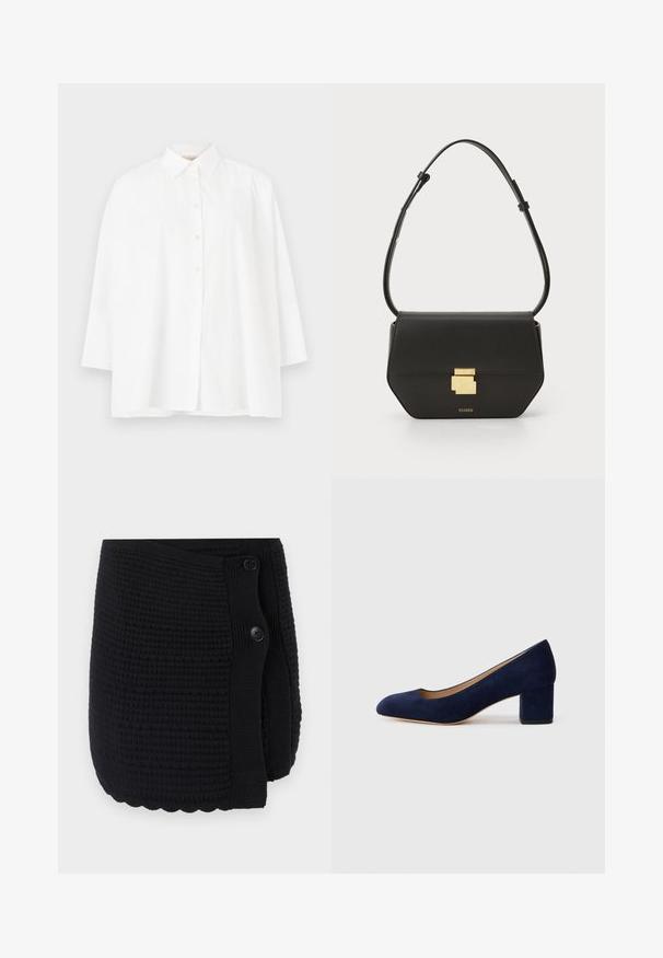 Camicia bianca con colletto classico, maniche lunghe e vestibilità comoda. Tessuto di cotone liscio senza motivi o dettagli visibili.; Wrap in maglia nera con un motivo testurizzato, dotato di orlo a scallop e due bottoni neri per la chiusura su un lato.; Pump in suede blu Navy con punta affusolata e tacco blocco di media altezza. Texture liscia con una leggera lucentezza e un piccolo taglio sul davanti.; CLOSED CLOSED ONE  - Borsa a tracolla - black